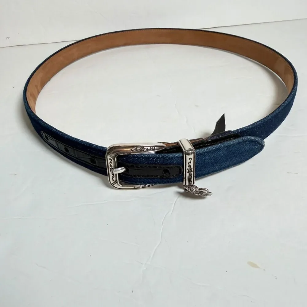Brighton Denim Belt M/L 32 Blue Black Croc Embossed Leather Silver Flower Charm